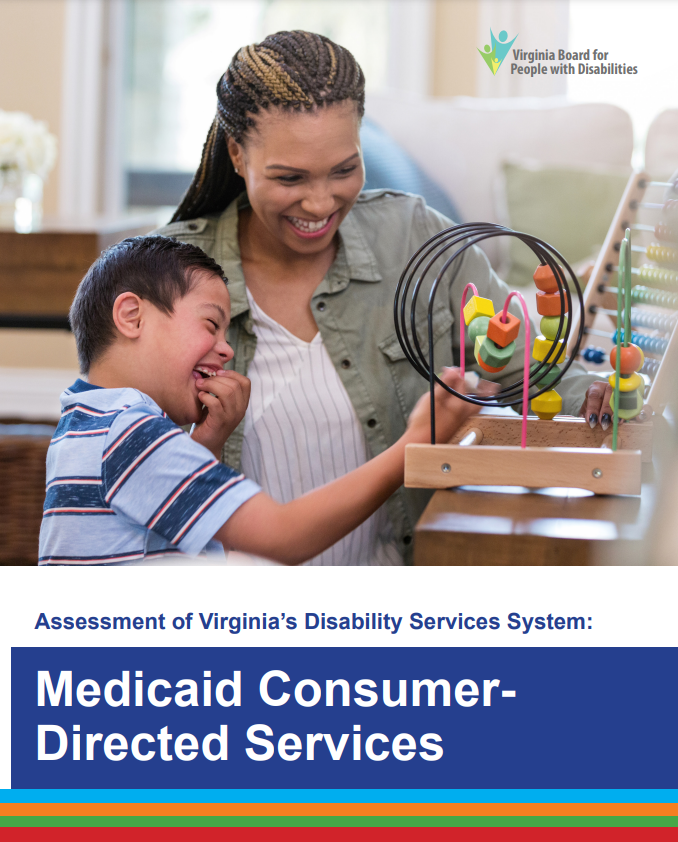 غلاف تقييم برنامج Medicaid للخدمات الموجهة للمستهلكين الذي يُظهر امرأة وطفل يلعبان بلعبة تعليمية.